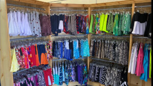 Dozens of colorful sports skirts on display at Festa Sports.