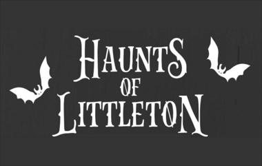 Haunts of Littleton Logo.  Black and white image of a bat with the words Haunts of Littleton