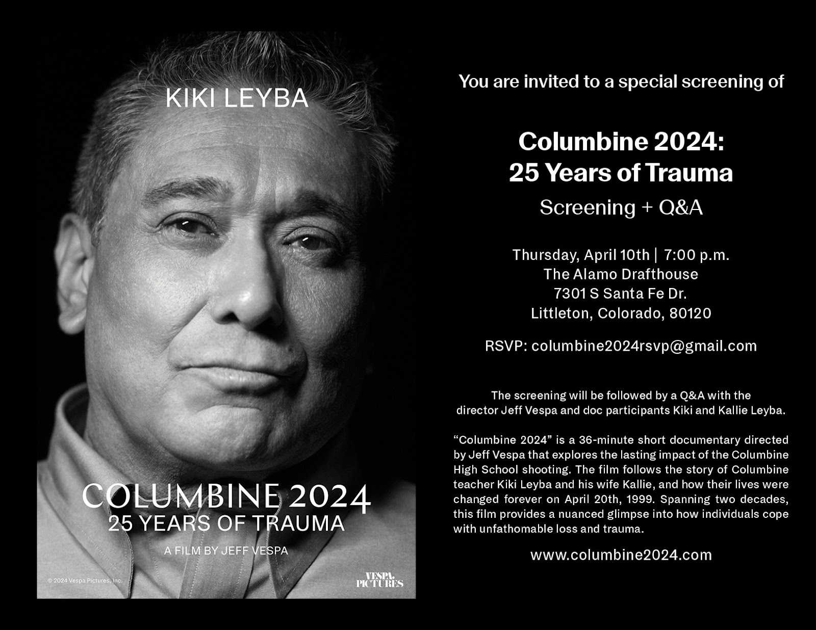 Black and white photo of a man's face with the words Columbine 2024, 25 years of trauma