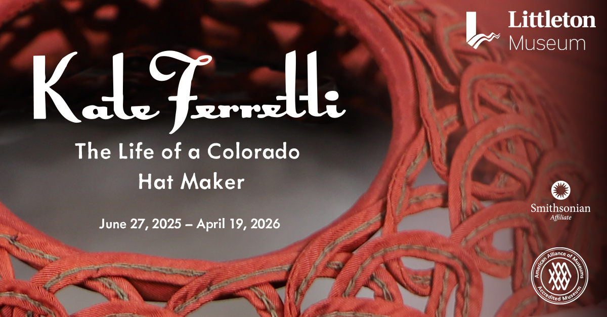 Close up photograph of a fancy hat from the 1950s in red and black, with the details of the exhibit title over top of it