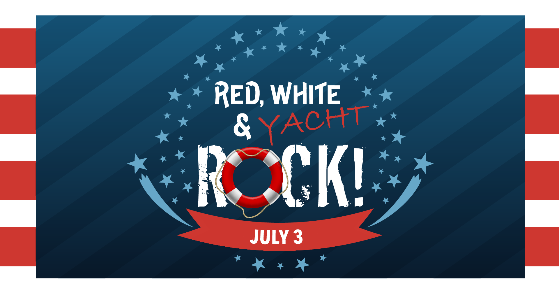 Red, white, and blue 'Red, White & YACHT ROCK!' logo over striped background