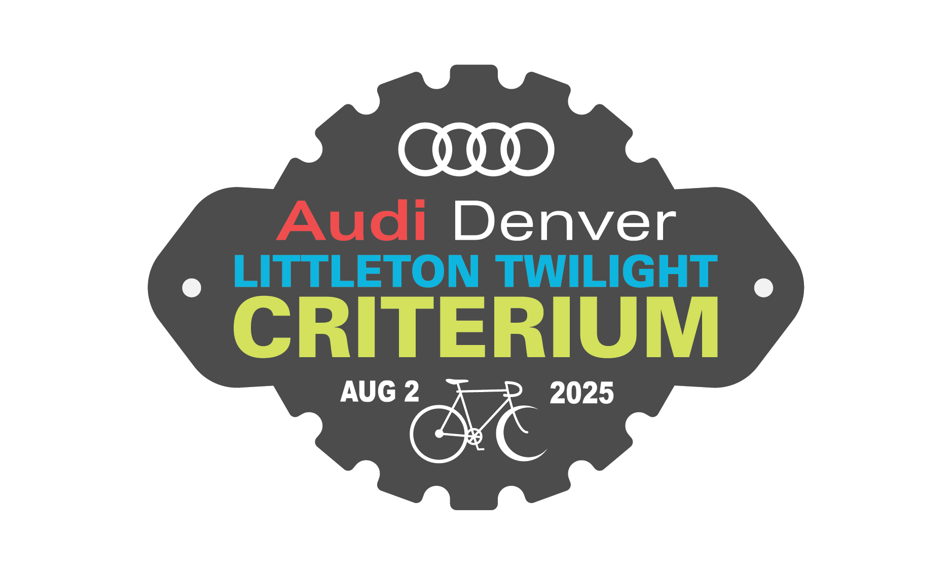 The design features a bike gear shape as the background with bold, colorful text highlighting the event name. The words