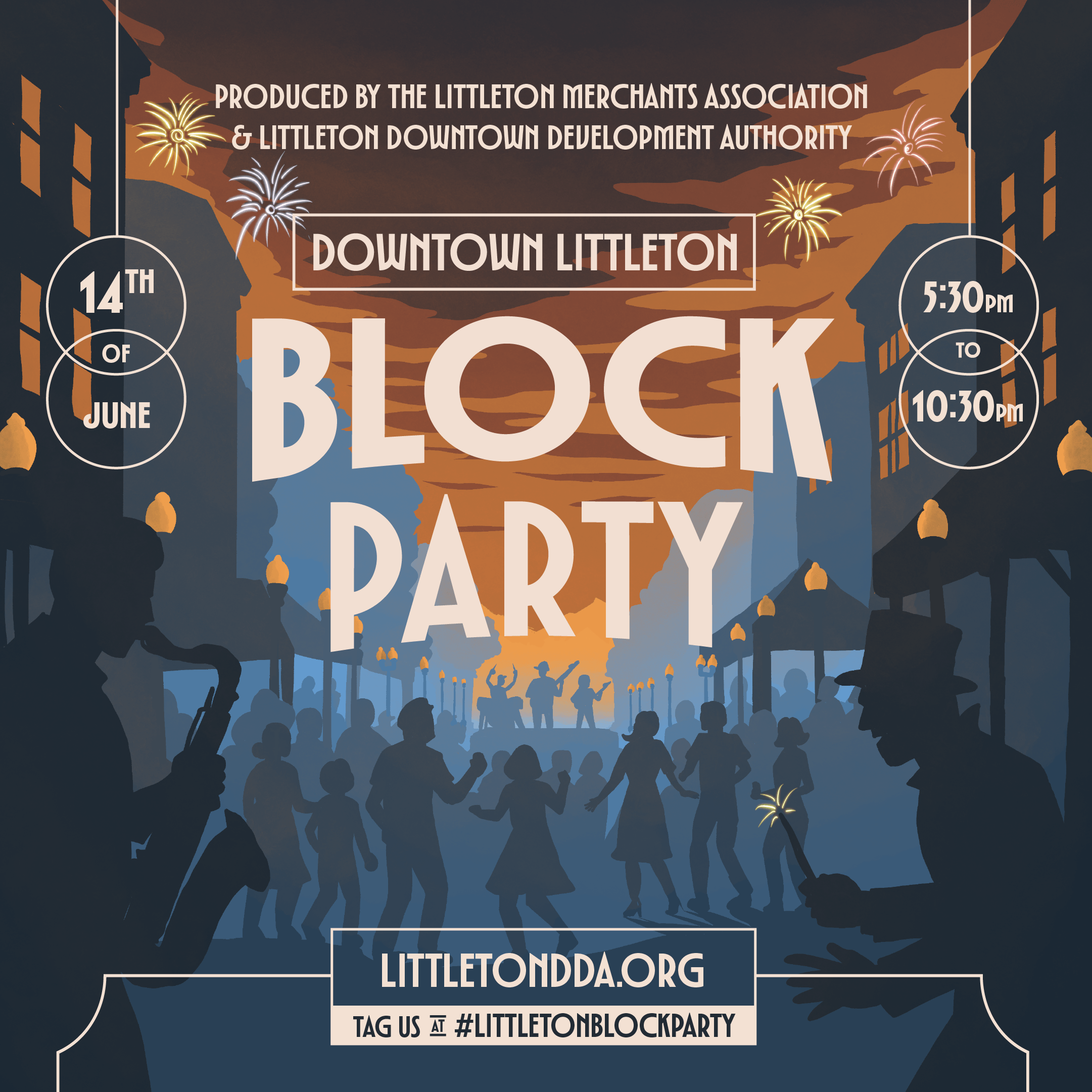 Colorful outdoor event scene with fireworks, musicians, and magicians.