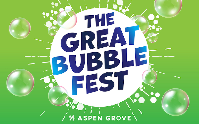 The Great Bubble Fest logo in green, white, and blue. Information about the event - date, time, etc.
