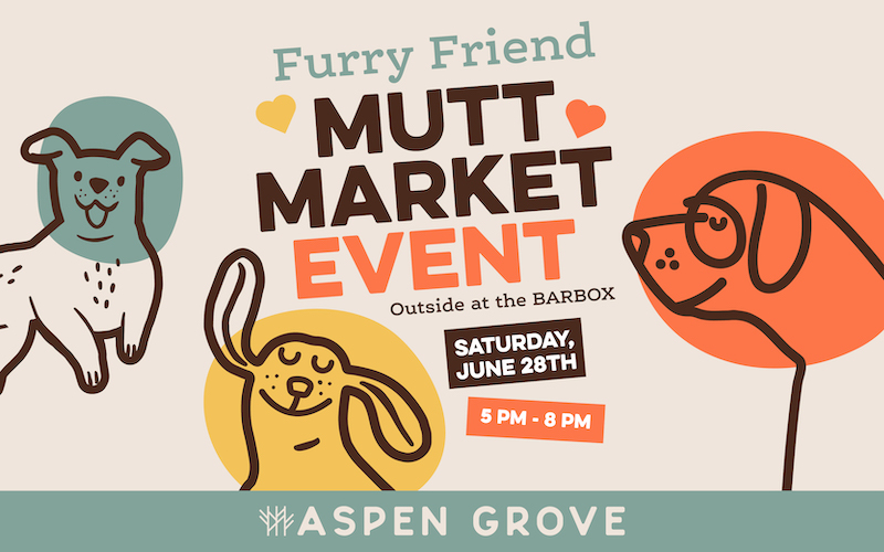 Mutt Market creative - drawing of a dog with event name, date and time