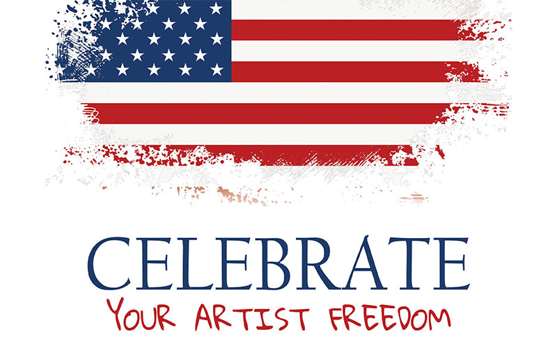 Graphic design featuring a distressed-style American flag above the bold text “Celebrate Your Artist Freedom.” The word “Celebrate” is in blue uppercase serif font, while “Your Artist Freedom” is handwritten in red. The image promotes a July-themed art event emphasizing creative expression and independence.