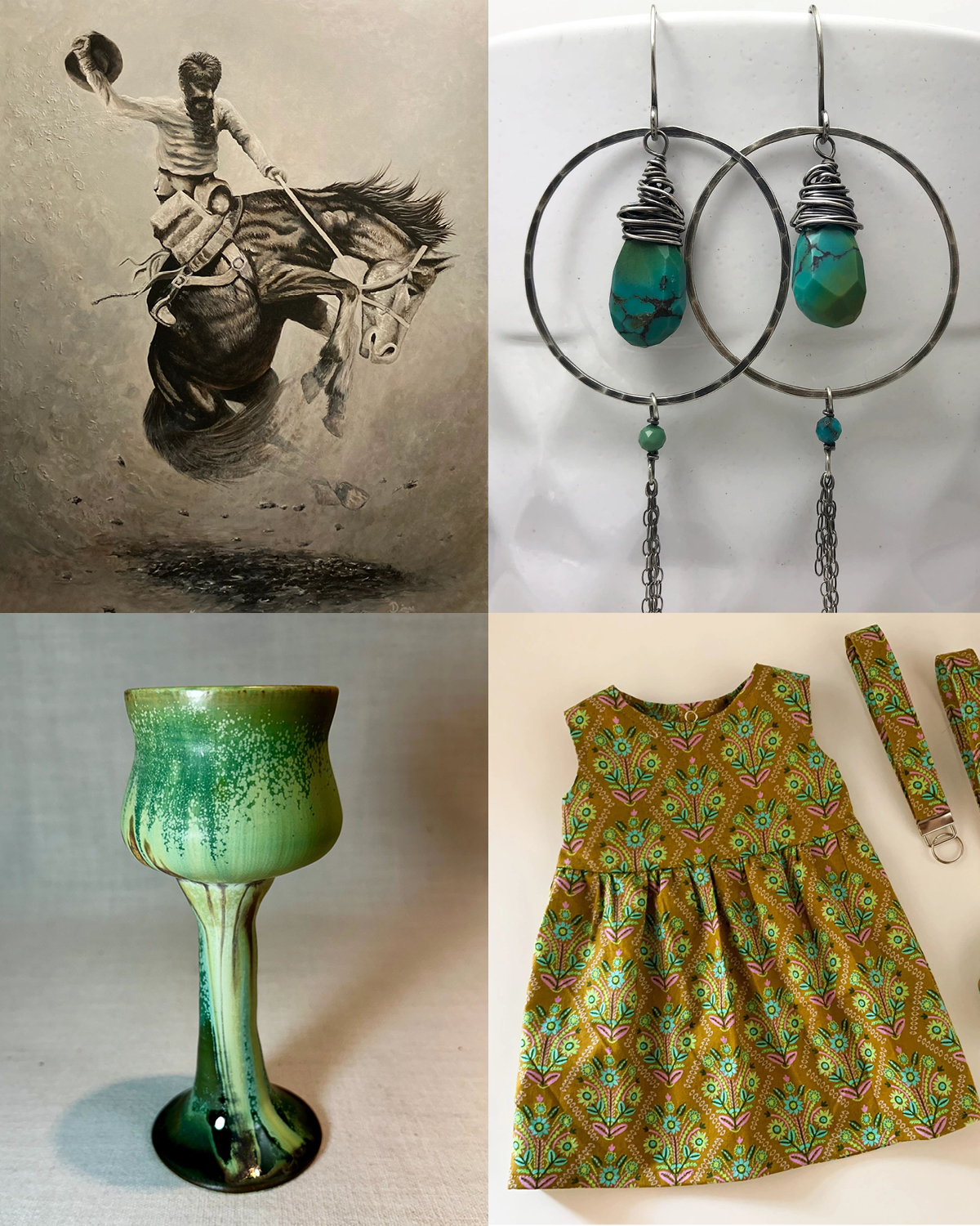 Four images of items from Littleton Craft Fair vendors: a drawing of a rodeo rider, a pair of hoop earrings, a pottery chalice, a flowered child's dress