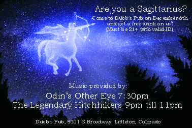 archer on horse graphic with words Sagittarius birthday party with live music