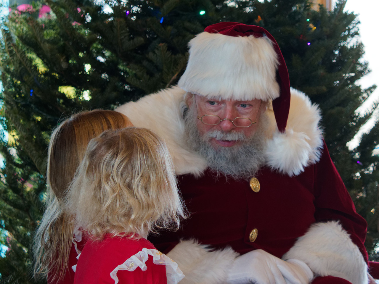 Santa with children in front of a tree.
