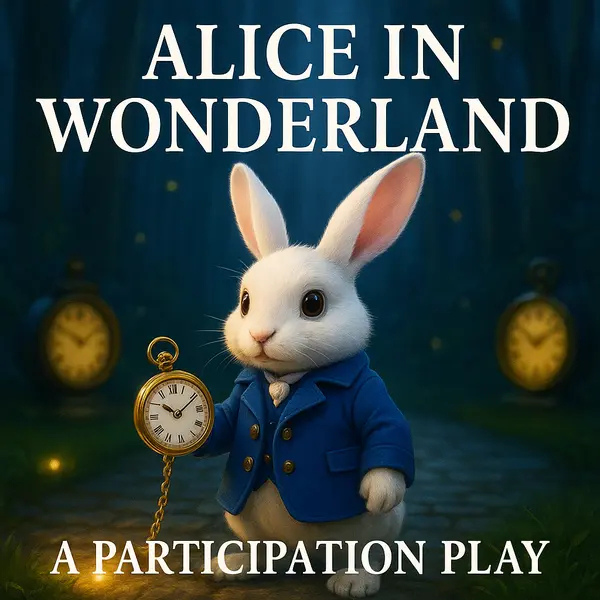 Image of a white rabbit with a pocket watch and the show title Alice in Wonderland
