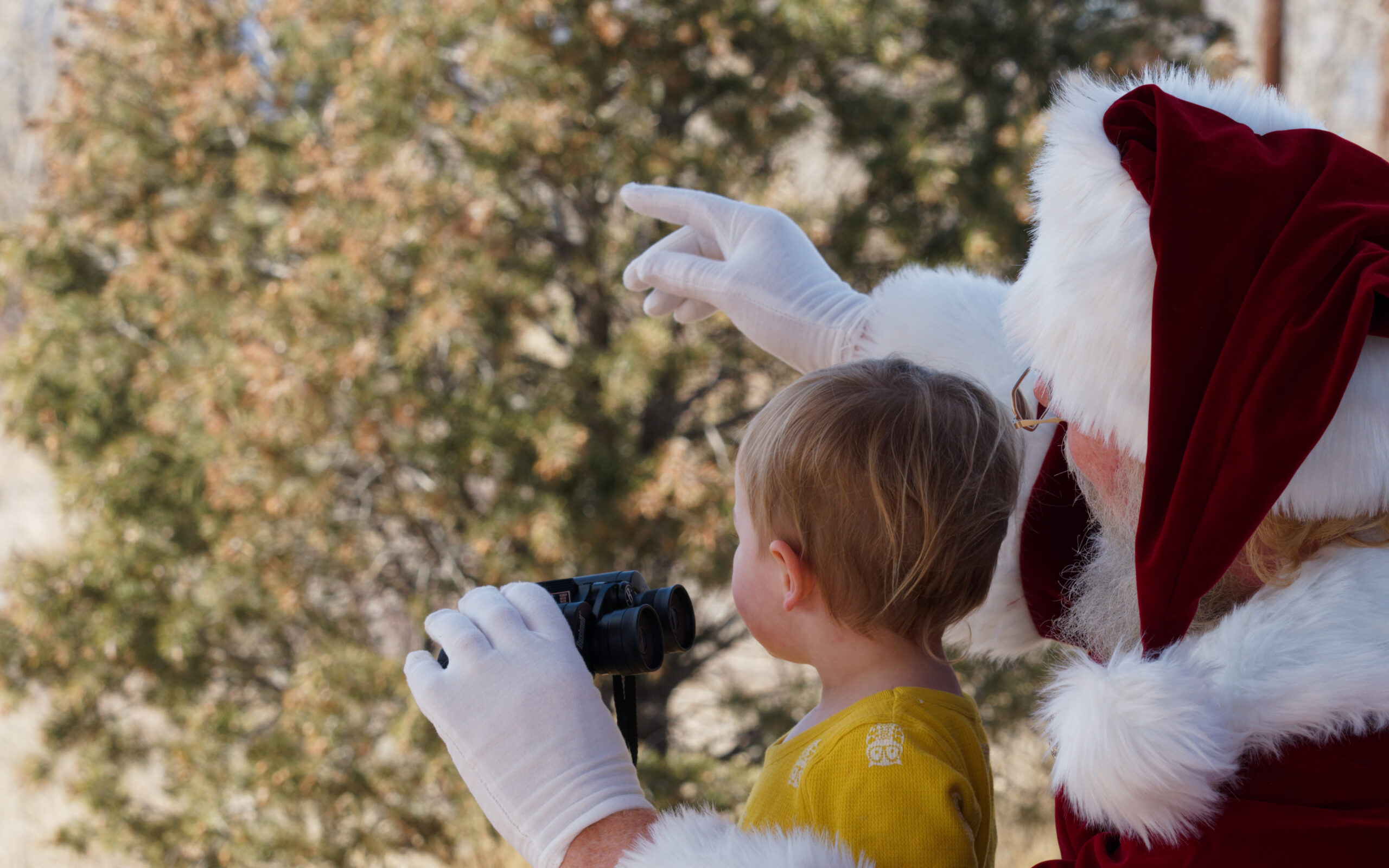 Santa with young child holding binoculars.