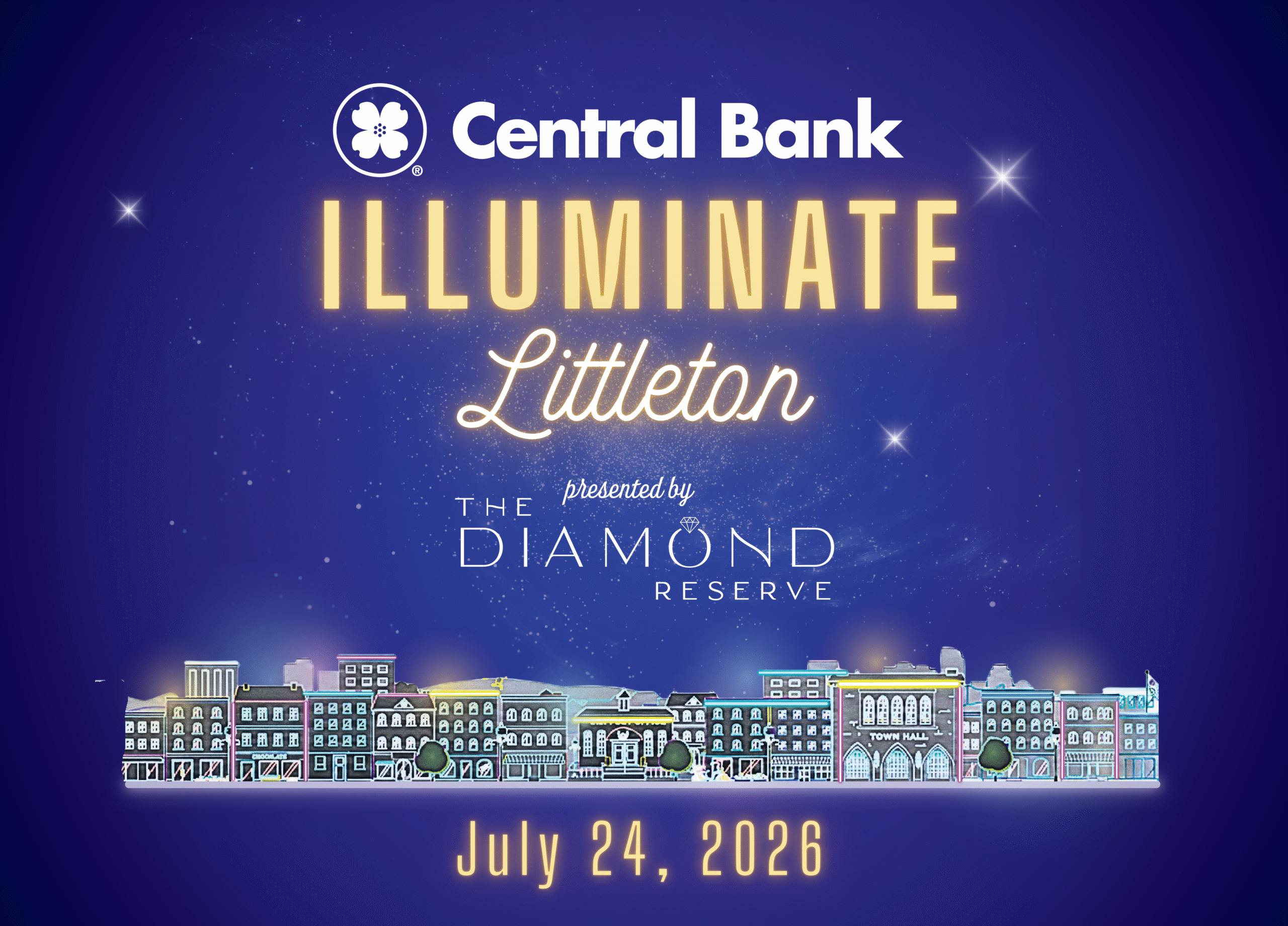 Small town cityscape with the words Illuminate Littleton above them and stars in the sky