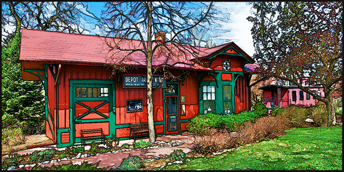 The Art Depot building. Red and Green colored house. 
