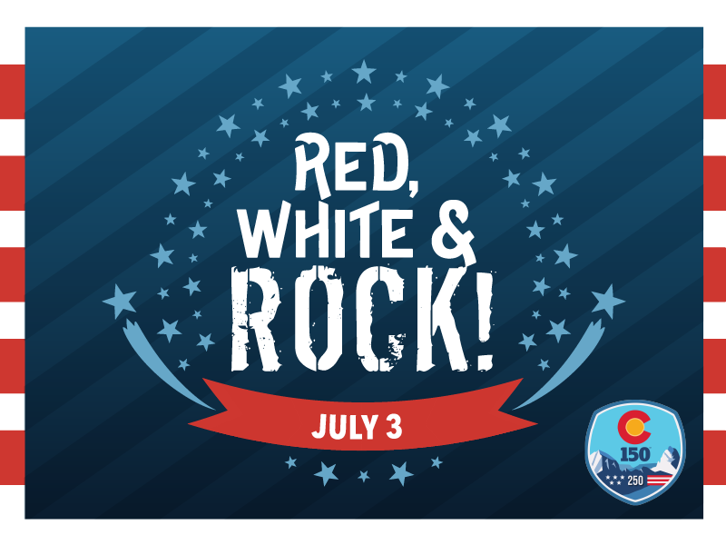 Red, White & ROCK! logo over a blue background with the 250/150 Colorado Logo