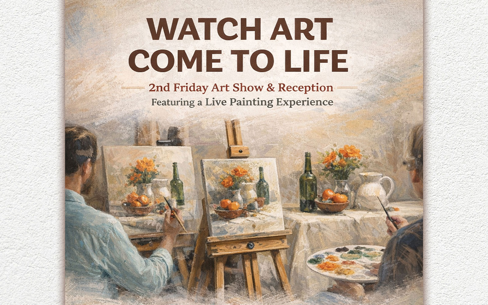 Someone live painting fruit and a wine bottle on a table. 