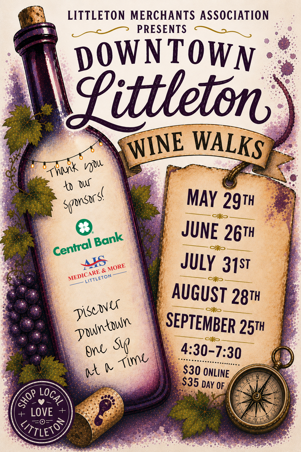 A flyer that says Downtown Littleton Wine Walks that has a list of five event dates and our sponsors, Central Bank and AIS Medicare and More